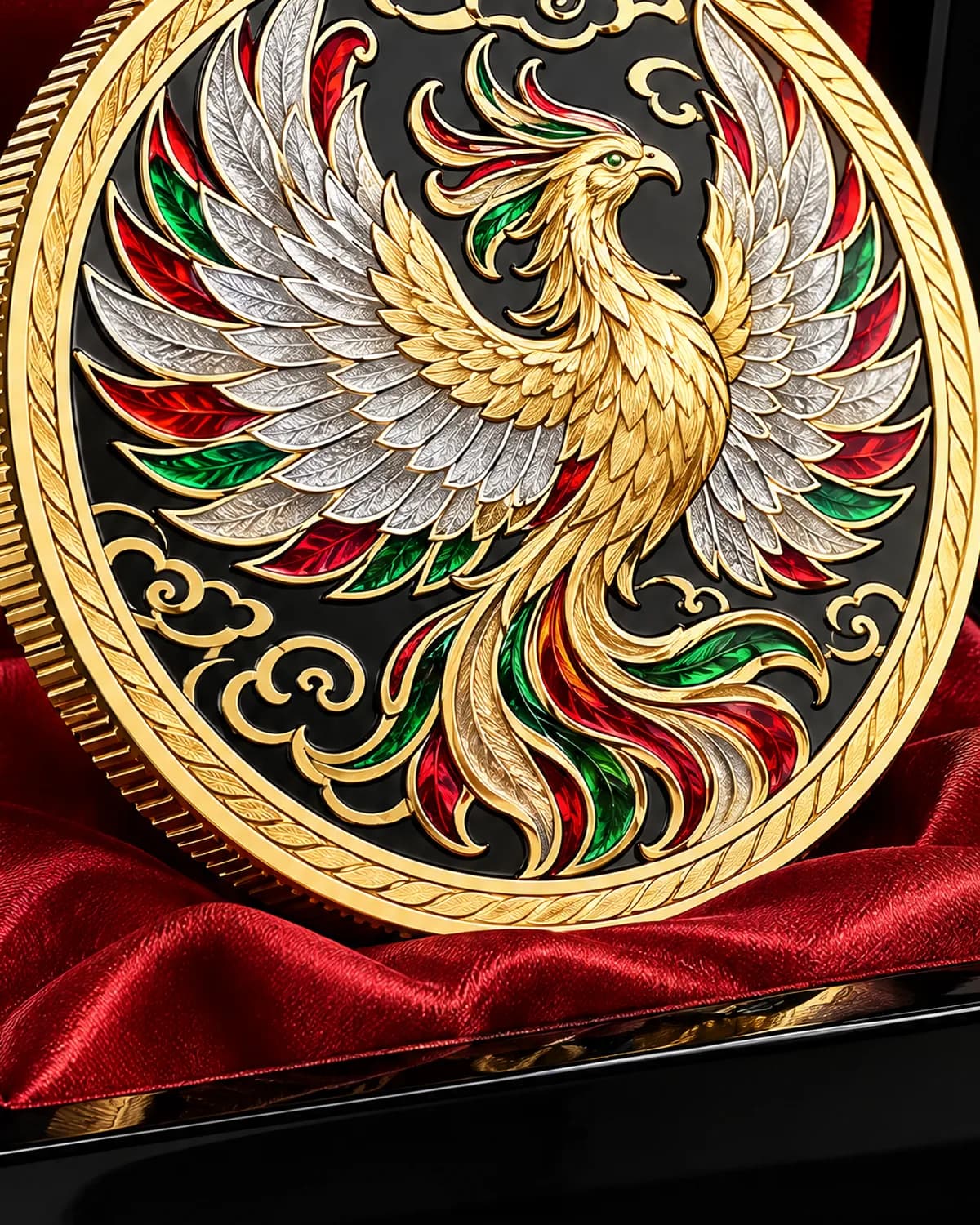 鳳凰 金銀二色 大判メダル 漆箱 細部