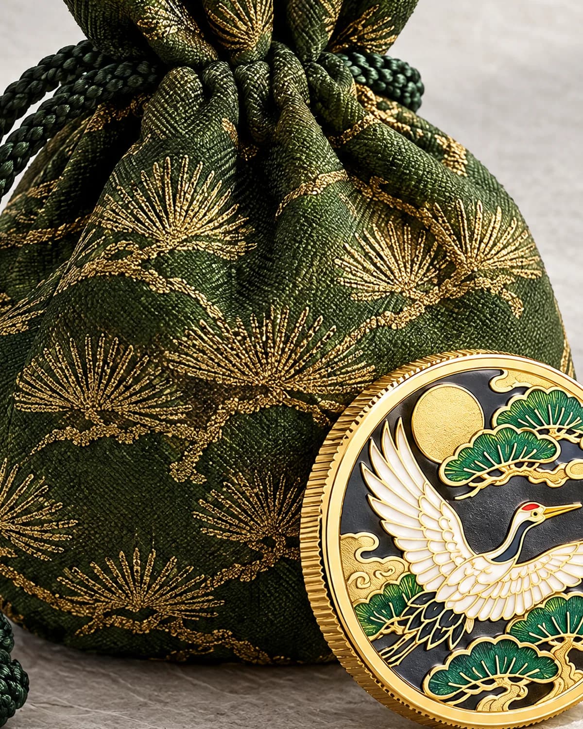 松葉 縮緬守り巾着 深緑 細部