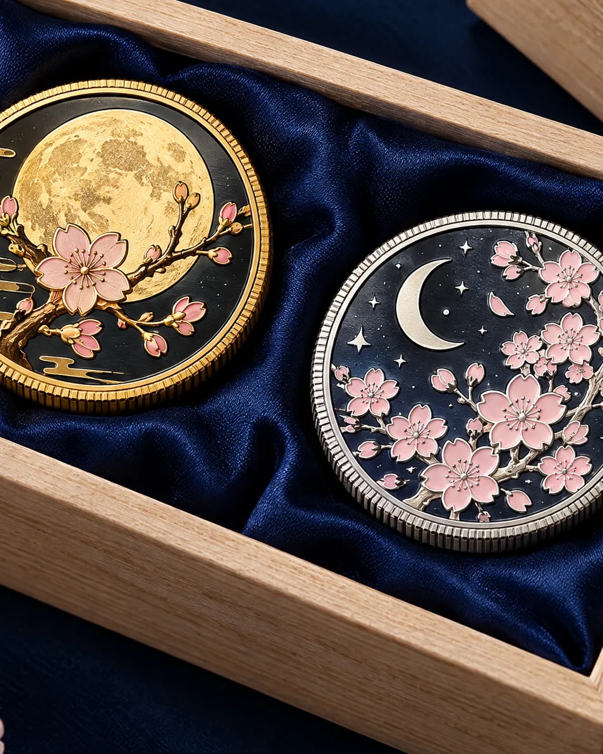 桜と月 金銀対コイン 桐箱 細部