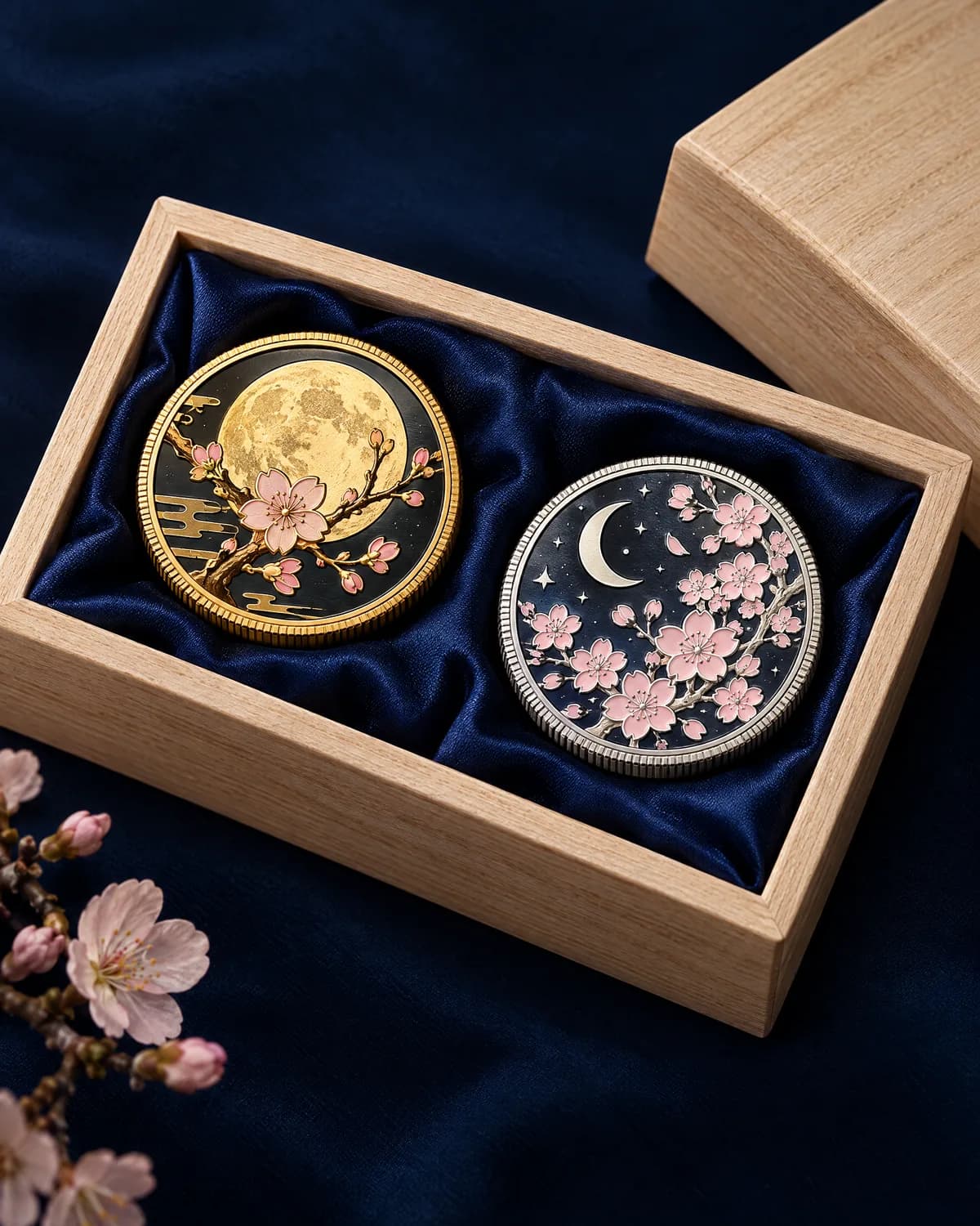 桜と月 金銀対コイン 桐箱