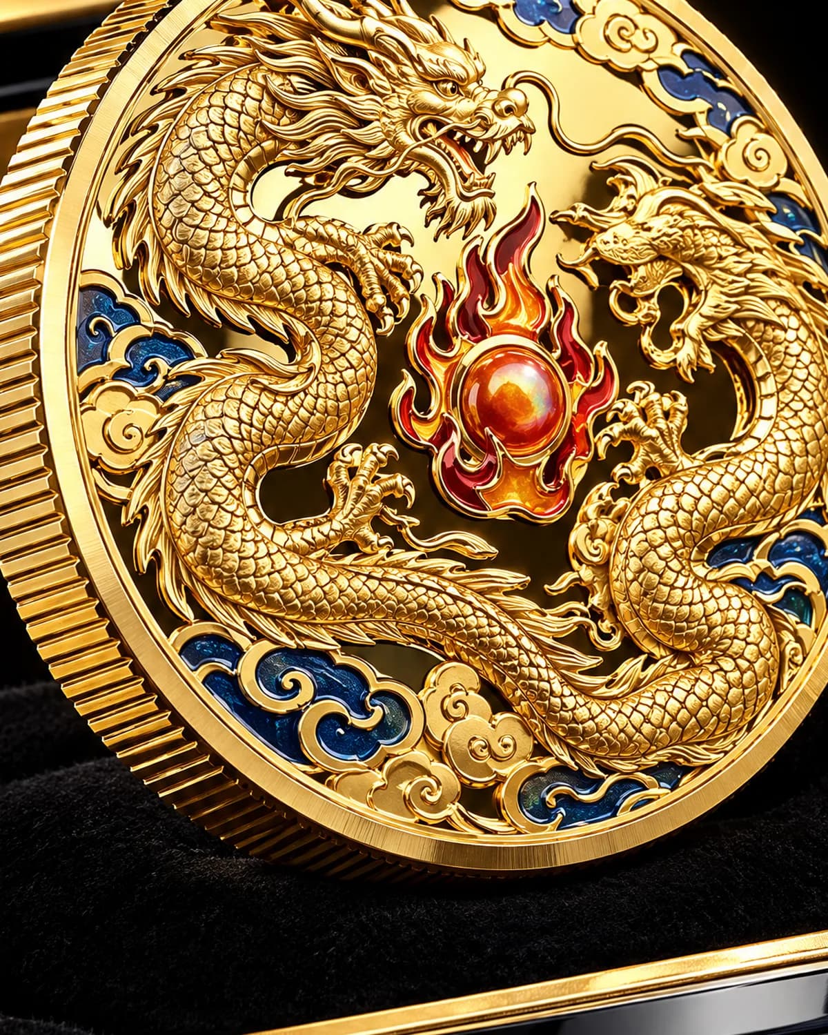 双龍 大判メダル 70mm 漆箱 細部
