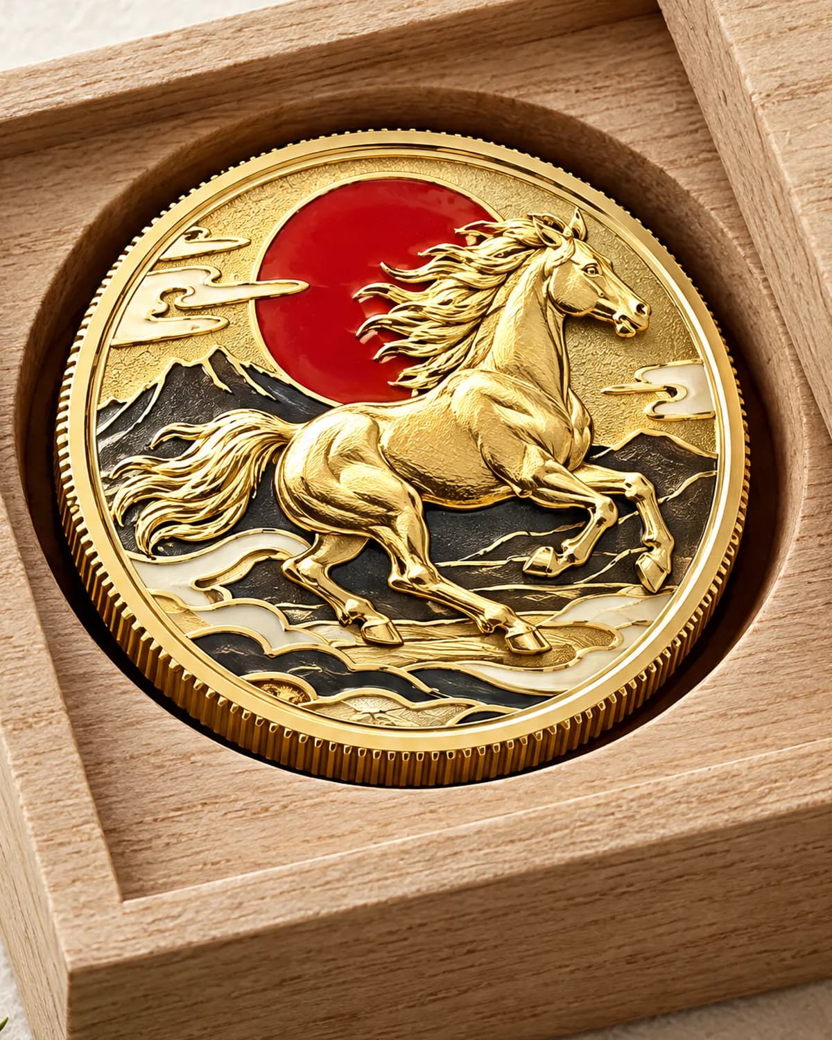 午年 開運コイン 桐箱入り 細部